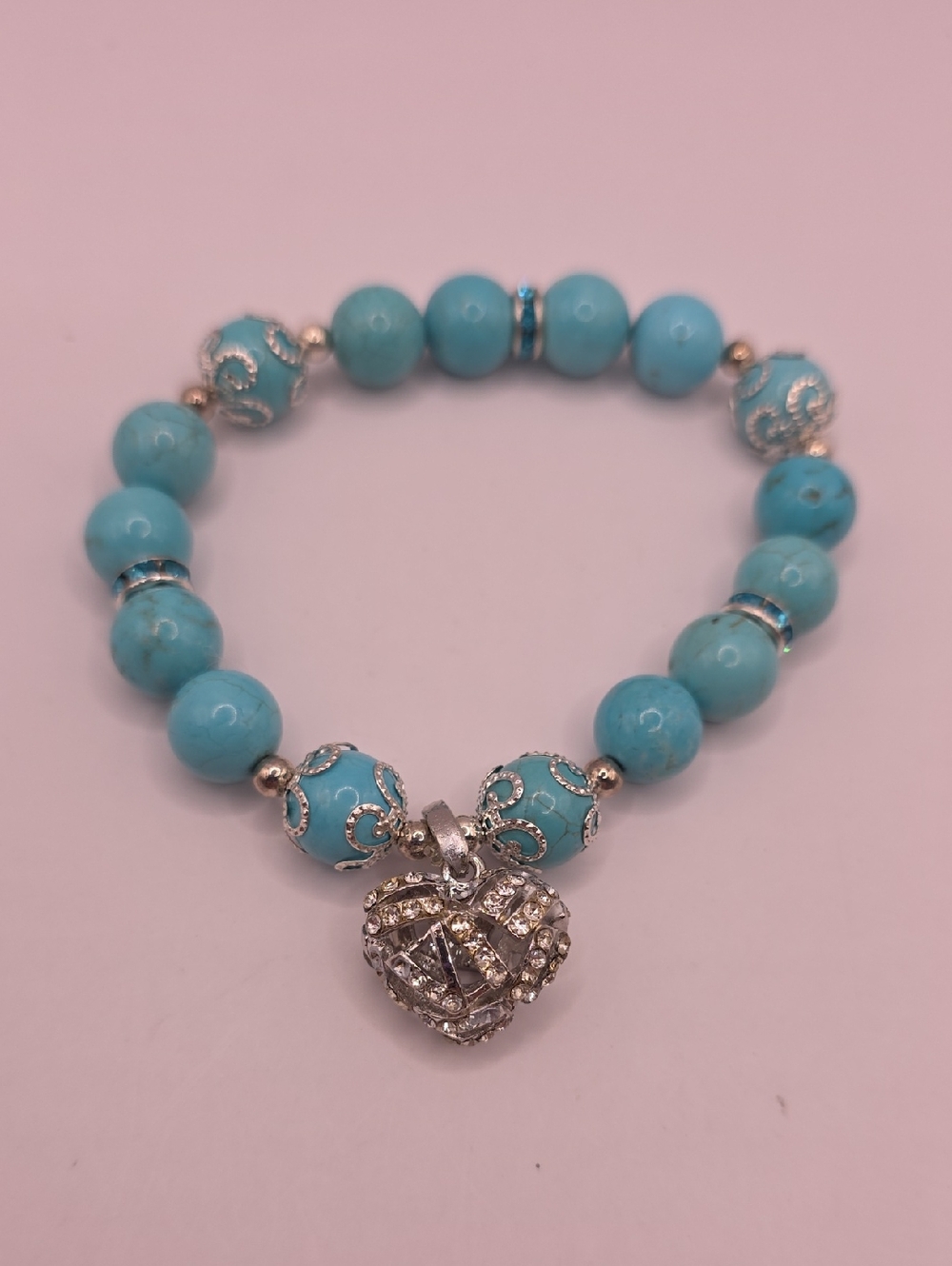 Blue Gemstone with Crystal Accent Heart Charm Stretch Bracelet